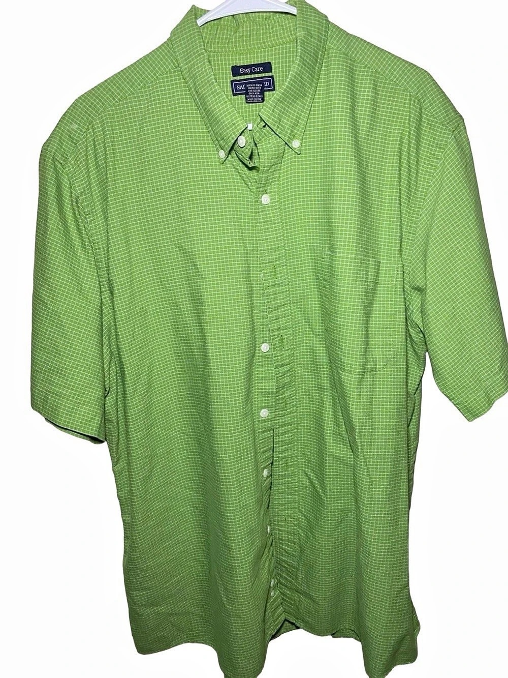 Saddlebred Easy Care Short Sleeve Plaid Grid Button-Down Shirt Green & White XL